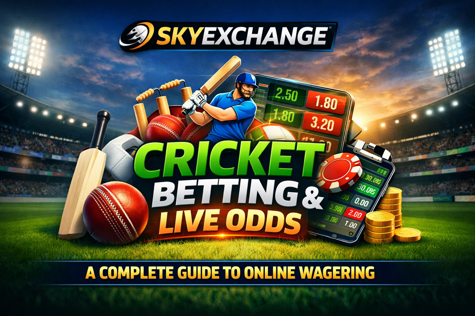 Skyexchange cricket betting banner showing live odds, cricket bat and ball, mobile betting app, and online wagering concept in stadium background