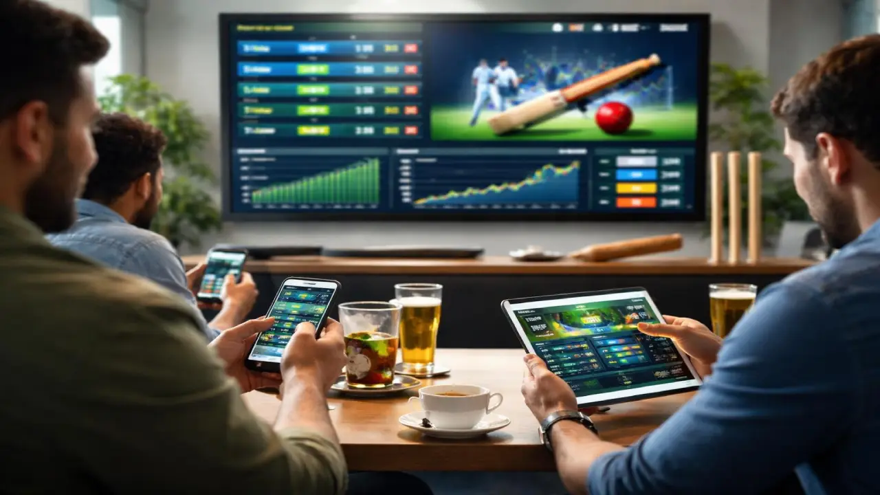 A group of people sitting in a living room watch a cricket match on a large screen displaying statistics and graphs, while using smartphones and a tablet to follow live data and interact with apps, with drinks on the table.