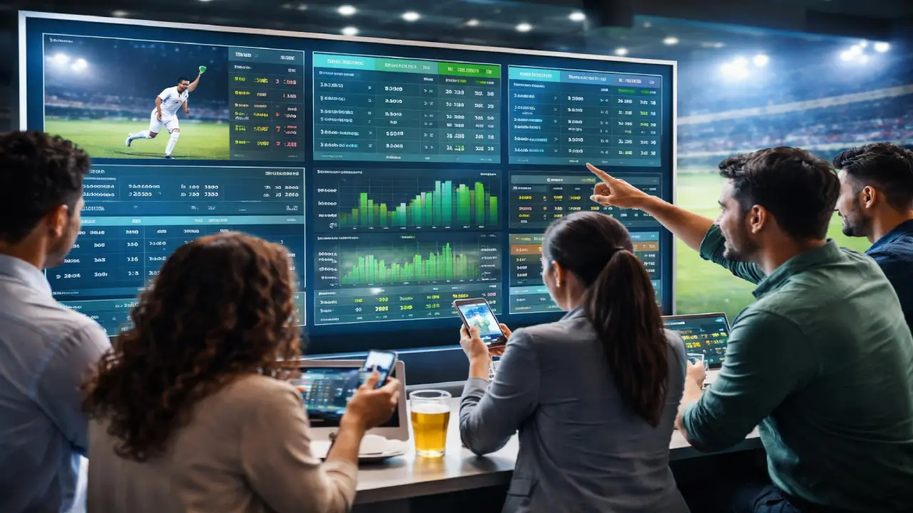 Several people in a stadium viewing area watch large screens filled with sports statistics, odds, and charts, while using smartphones and tablets to track or interact with the data.